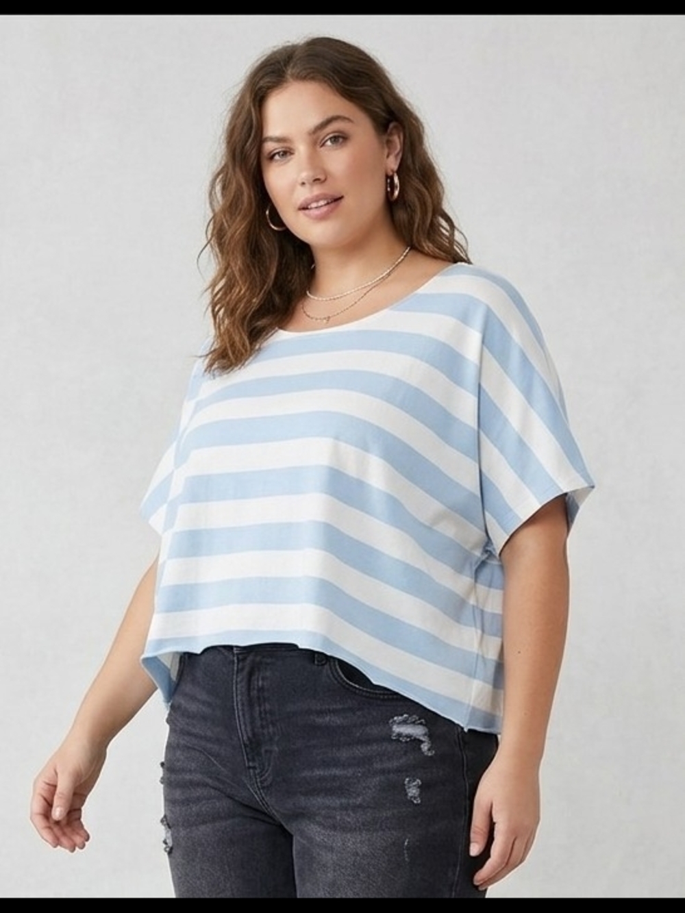 Arula 3X Light Blue White Striped Oversized Dolman Sleeve Crop Top Rough Hem EUC